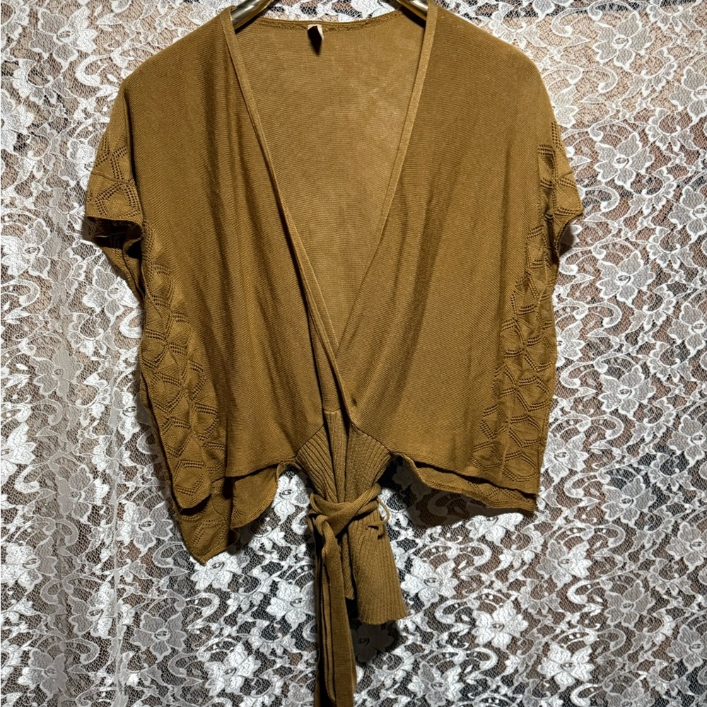 Dolce Vita Camel Brown Knit faux wrap sweater ribbed waist with Tie Belt small